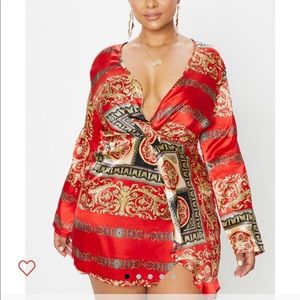 Plus Red Satin long sleeve wrap dress